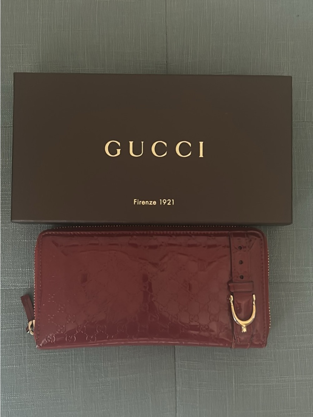 Gucci Patent Leather Zip Wallet in Burgundy with Gold Hardware